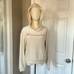 Champion Cream Velour Hoodie with pink lettering